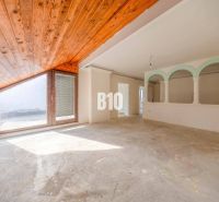 Geräumiges Interieur eines Einfamilienhauses mit großem Fenster und Holzbalkendecke.