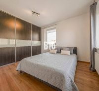 Schlafzimmer in einer 2-Zimmer-Wohnung mit Holzboden und großem Einbauschrank.