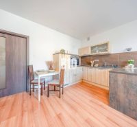 Küchenecke in einer 2-Zimmer-Wohnung mit Holzboden und Esstisch.