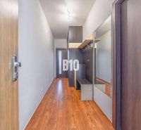 Ein schmaler Flur mit einem Spiegel und einem Boden in Holzoptik in einer 2-Zimmer-Wohnung.