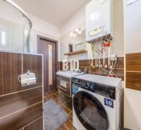Badezimmer mit Waschmaschine und Duschkabine in einer 2-Zimmer-Wohnung mit Holzboden.