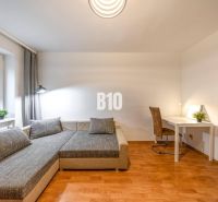 Wohnzimmer in einer 2-Zimmer-Wohnung mit Sofa, Tisch und Holzboden.