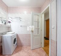 Badezimmer mit Waschmaschine und rosa Fliesen in einer 2-Zimmer-Wohnung.