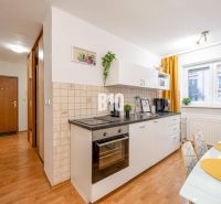 Küche in einer 2-Zimmer-Wohnung mit eingebauten Geräten und einem Bodenbelag in Holzoptik.