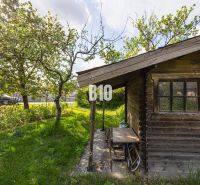 Ein Garten mit einer Holzhütte, umgeben von Bäumen auf einem Grundstück in Dunajská Lužná zum Wohnen.