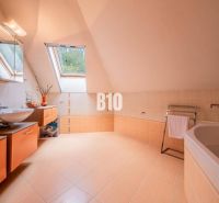 Ein Raum in einem Einfamilienhaus mit zwei Waschbecken, einer Badewanne, einem Dachfenster und orangenen Details.