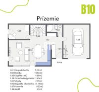 Grundriss des Erdgeschosses eines Einfamilienhauses mit Wohnzimmer, Küche und Garage.