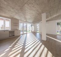 Helles Wohnzimmer mit Holzdekorboden in einem Einfamilienhaus.