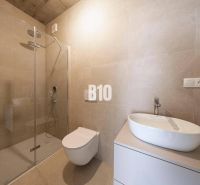 Badezimmer im Einfamilienhaus mit Duschkabine, Toilette und Waschbecken auf einem Schrank.
