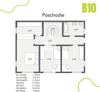 Grundriss des Obergeschosses eines Einfamilienhauses in Malinovo: Treppe, Flur, Badezimmer, Zimmer, Schlafzimmer, Ankleidezimmer.