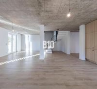 Ein Einfamilienhaus mit einem Boden in Holzoptik und einer Betondecke, Treppen und großen Fenstern.