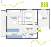 Grundriss einer 3-Zimmer-Wohnung mit Schlafzimmer, Loggia, Badezimmer, WC und Küche.
