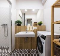 Das Badezimmer in der 3-Zimmer-Wohnung enthält eine Dusche, ein Waschbecken, eine Waschmaschine und ein Holzregal.