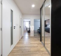 Ein Flur mit einem Boden in Holzoptik, weißen Türen und Einbauschränken in einer 3-Zimmer-Wohnung.