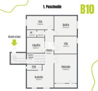 Grundriss des 1. Stocks eines Einfamilienhauses mit Schlafzimmer, Wohnzimmer und Küche.