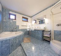 Ein Badezimmer in einem Einfamilienhaus mit Badewanne, Dusche und blauen Keramikfliesen.