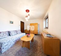 Wohnzimmer in einem Einfamilienhaus mit Sofa und Holzmöbeln.