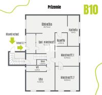 Grundriss des Erdgeschosses eines Einfamilienhauses in Štvrtok na Ostrove mit Zimmern und Lagerraum.
