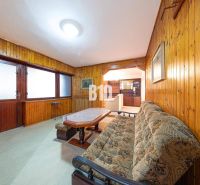 Wohnzimmer eines Einfamilienhauses mit Holzverkleidung und bequemer Couch.