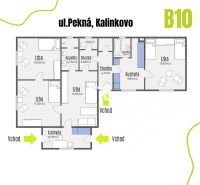 Grundriss eines Einfamilienhauses in Kalinkovo umfasst Zimmer, Badezimmer und Küchen mit zwei Eingängen.