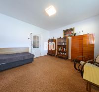 Ein Zimmer in einem Einfamilienhaus mit einem Sofa, Schränken und einem Sessel auf dem Teppich.
