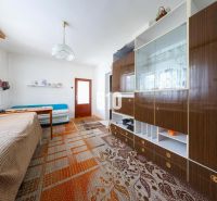 Innenraum eines Einfamilienhauses mit Sofa, Schrank und Esstisch, Teppich auf dem Boden.