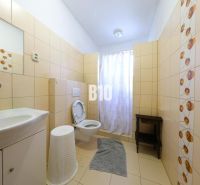 Badezimmer in einem Einfamilienhaus mit Fliesen und Toilette.