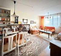 Wohnzimmer mit Esstisch und Regalen in einer 3-Zimmer-Wohnung mit Holzdekor-Boden.