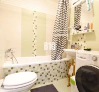 Badezimmer in einer 2-Zimmer-Wohnung mit grünen Fliesen, Waschmaschine und Badewanne.
