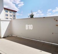 Balkon in einer 3-Zimmer-Wohnung. Pflanze im Blumentopf, Fliesen, teilweise Blick auf das Nachbargebäude.