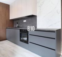 Küche in einer 2-Zimmer-Wohnung mit Holzboden und modernen Schränken.