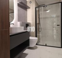 Badezimmer in einer 2-Zimmer-Wohnung mit rahmenloser Dusche und Waschbecken auf Holzdekor.