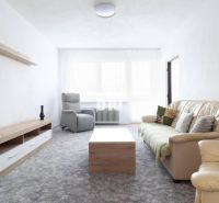 Wohnzimmer in einer 3-Zimmer-Wohnung mit einem bequemen Sofa und Ledersesseln.