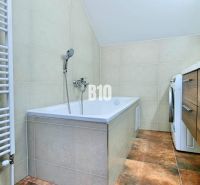 Badezimmer mit Dusche, Schränken und Boden mit Holzdekor in einer 3-Zimmer-Wohnung.