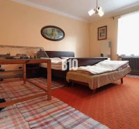 Ein Zimmer in einem Einfamilienhaus mit einem Bett, einem Tisch, einer Modelleisenbahn und Teppichen.