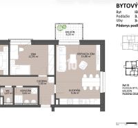 Grundriss einer 3-Zimmer-Wohnung mit Balkon, einer Fläche von 72,64 m² und einem Boden in Holzoptik.