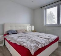 Schlafzimmer in einer 3-Zimmer-Wohnung mit einem Doppelbett und einem Boden mit Holzdekor.