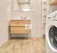 Badezimmer in einer 3-Zimmer-Wohnung mit Waschmaschine und Bodenbelag in Holzoptik.