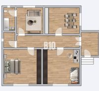 Grundriss eines Einfamilienhauses mit Möbeln, Holzboden und mehreren Räumen.