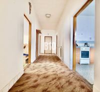 Flur im Einfamilienhaus mit Teppich, rechts die Küche, Möbel und Geräte.