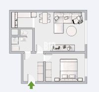 Grundriss einer 2-Zimmer-Wohnung mit Einbaumöbeln und Ausstattung.