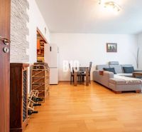 Wohnzimmer in einer 2-Zimmer-Wohnung mit Holzboden, Sofa und Esstisch.