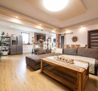 Wohnzimmer mit Küche in einem Einfamilienhaus, Sofa, Boden mit Holzdekor, Grünpflanzen.