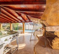Auf der Außenseite eines Einfamilienhauses in Nitra befindet sich eine überdachte Terrasse mit einem Gartengrill und einem Boden in Holzoptik.