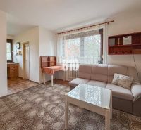 Wohnzimmer in einem Einfamilienhaus mit Teppich, Sofa, Couchtisch und Küchenzeile.