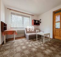 Wohnzimmer in einem Einfamilienhaus mit Sofa, Tisch und Teppich.