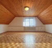 Ein Dachzimmer in einem Einfamilienhaus mit einer Holzdecke und einem Boden mit Holzdekor.