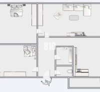 Grundriss einer 3-Zimmer-Wohnung mit Wohnzimmer, Küche und Schlafzimmern.