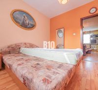 Schlafzimmer mit Sofa, Bild und Boden mit Holzdekor in einer 3-Zimmer-Wohnung.