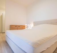 Schlafzimmer mit Bett, Möbeln und Boden in Holzdekor, 3-Zimmer-Wohnung.